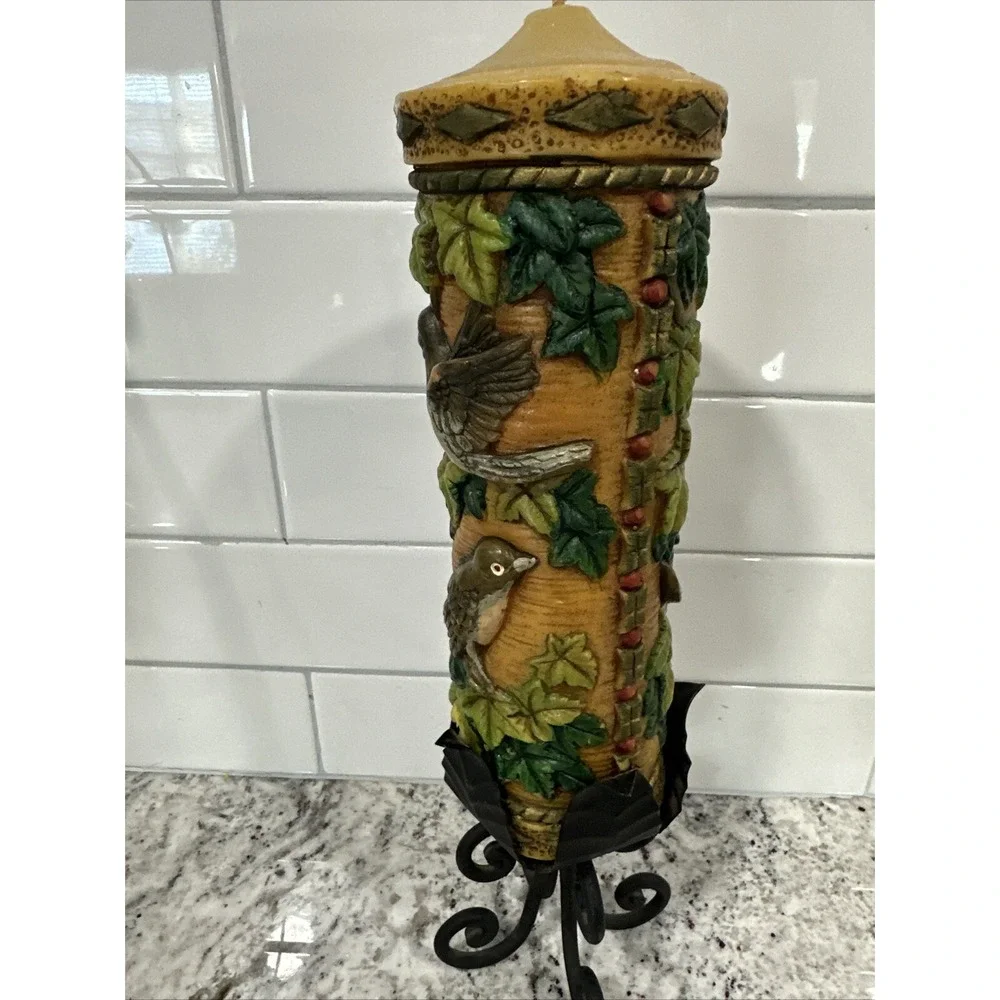 Vintage Pillar Candle With Iron Metal Holder Birds Leaves‎ Great Christmas Gift
